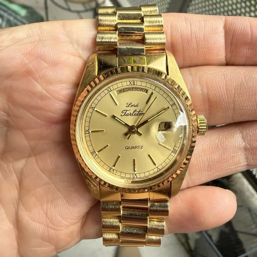 NOS Lord Tarleton Gold Toned Presidential Day Date Quartz Wrist Watch Men’s NEW